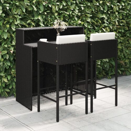 3 részes fekete polyrattan kültéri bárszett párnákkal