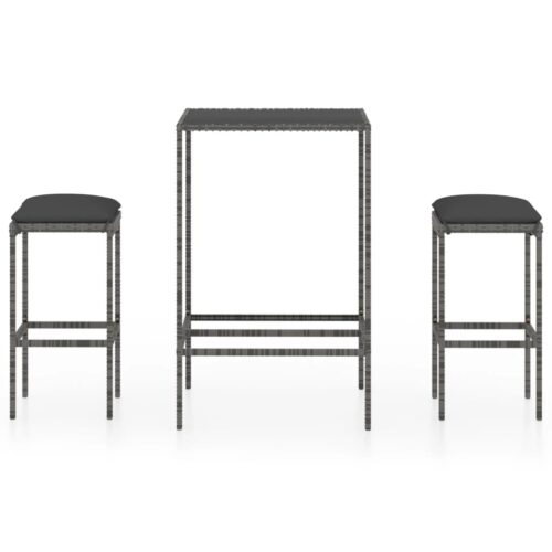 3 részes szürke polyrattan kerti bárszett párnákkal