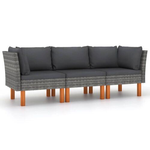 3 személyes szürke polyrattan kerti kanapé párnákkal