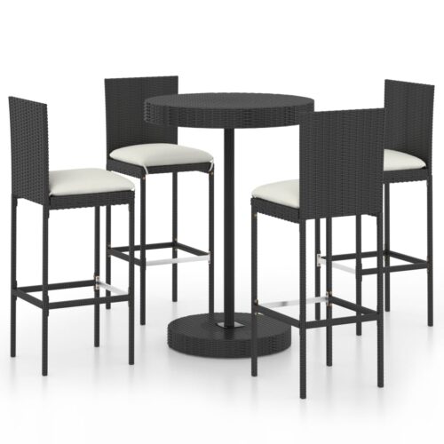 5 részes fekete polyrattan kerti bárszett párnákkal