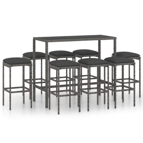 9 részes szürke polyrattan kerti bárszett párnákkal