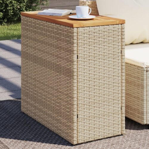 Bézs polyrattan kerti kisasztal fa asztallappal 58x27
