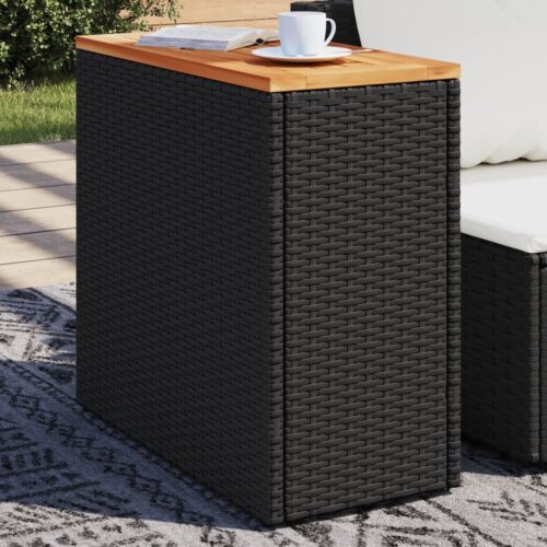 Fekete polyrattan kerti kisasztal fa asztallappal 58x27
