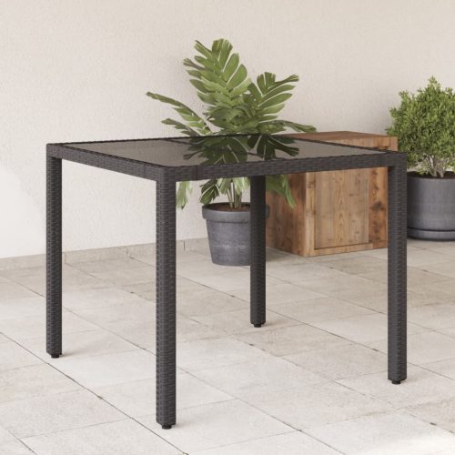 Fekete polyrattan üveglapos kerti asztal 90 x 90 x 75 cm