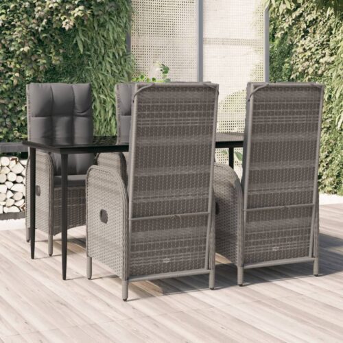 5 részes fekete és szürke polyrattan kerti étkezőszett párnával