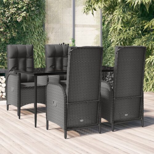 5 részes fekete polyrattan kerti étkezőgarnitúra párnákkal