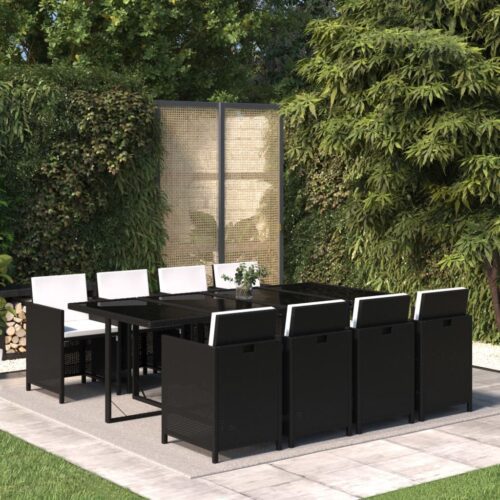 9 részes fekete polyrattan kerti étkezőgarnitúra párnákkal