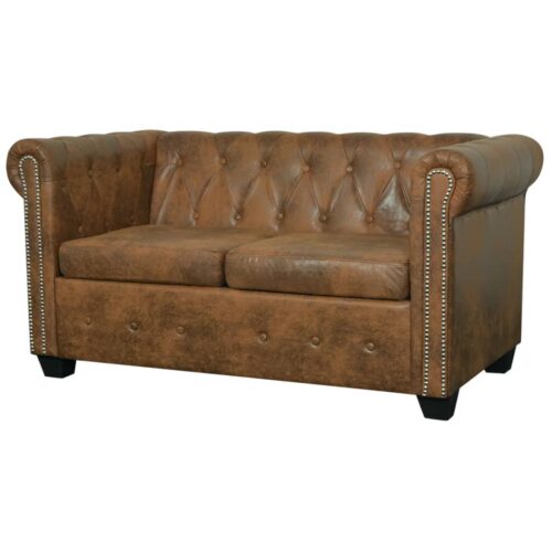 2 személyes barna műbőr chesterfield kanapé
