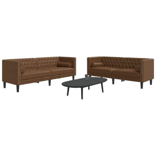2 részes barna művelúr chesterfield kanapészett hengerpárnákkal