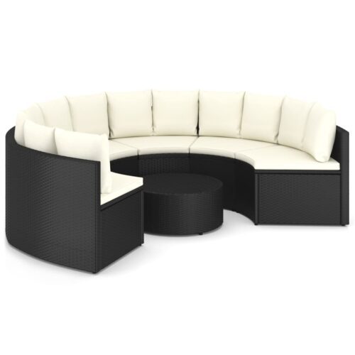 7 részes fekete polyrattan kerti kanapészett párnákkal