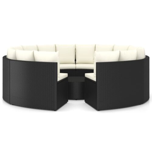 9 részes fekete polyrattan kerti kanapészett párnákkal