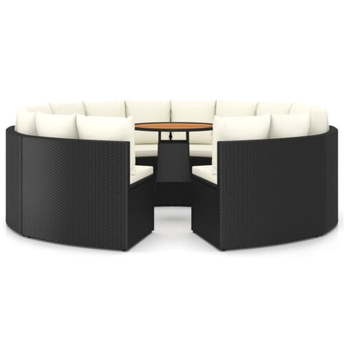 9 részes fekete polyrattan kerti kanapészett párnákkal