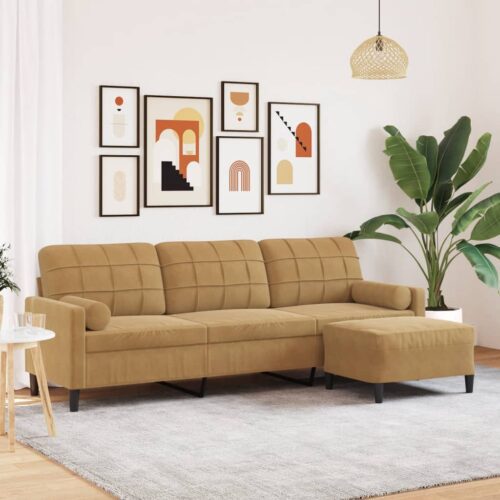 3 személyes barna bársonykanapé lábtartóval 210 cm