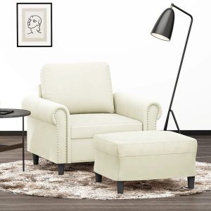 Krémszínű bársony kanapéfotel lábtartóval 60 cm