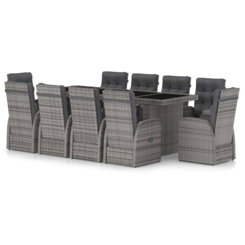 11 részes szürke polyrattan kültéri étkezőszett párnákkal