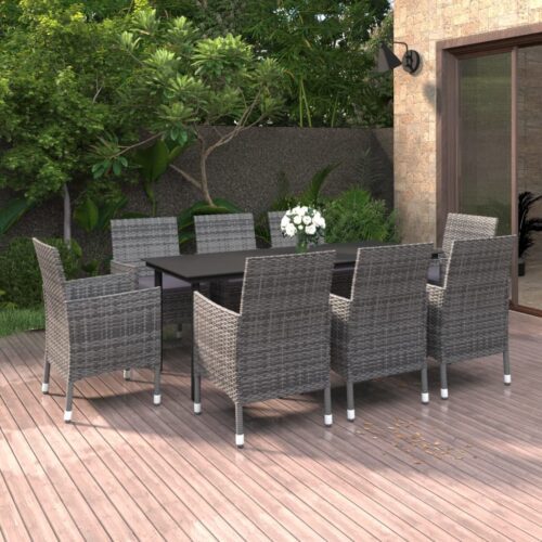 9 részes polyrattan és üveg kerti étkezőgarnitúra párnákkal
