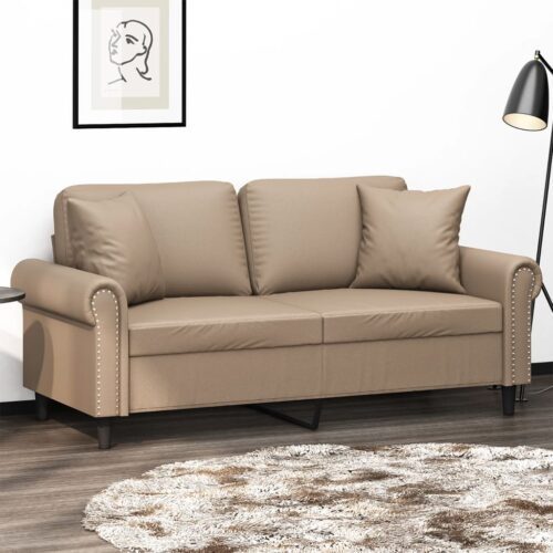 2 személyes cappuccino színű műbőr kanapé díszpárnákkal 140 cm