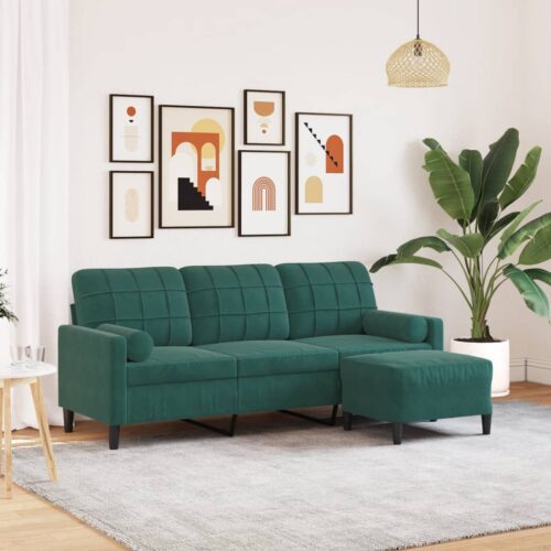 3 személyes sötétzöld bársony kanapé lábtartóval 180 cm
