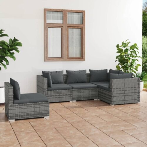 5-részes szürke polyrattan kerti ülőgarnitúra párnákkal