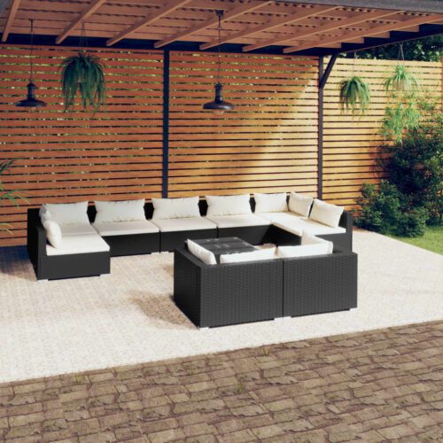 10-részes fekete polyrattan kerti ülőgarnitúra párnákkal