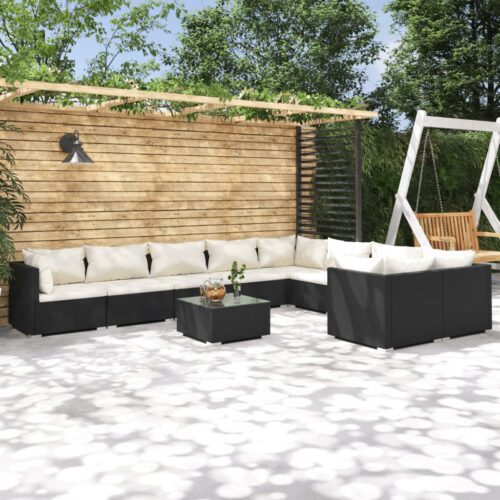 10-részes fekete polyrattan kerti ülőgarnitúra párnákkal