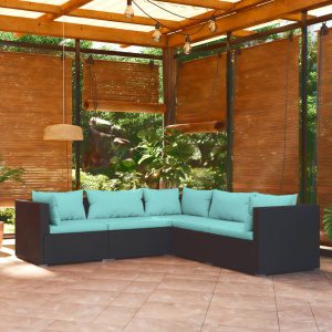 5-részes fekete polyrattan kerti ülőgarnitúra párnákkal