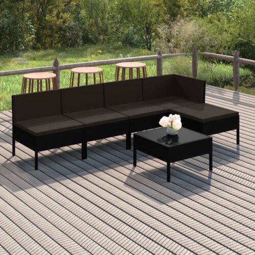 6 részes fekete polyrattan kerti bútorszett párnákkal