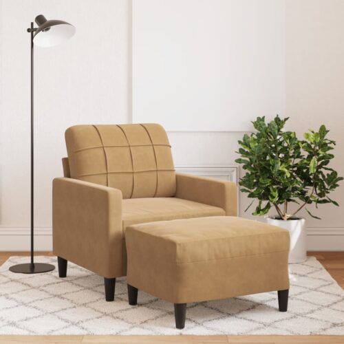 Barna bársony kanapéfotel lábtartóval 60 cm