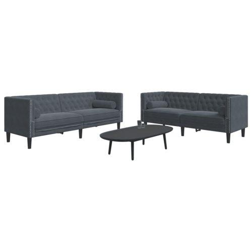 2 részes sötétszürke bársony chesterfield kanapészett párnákkal