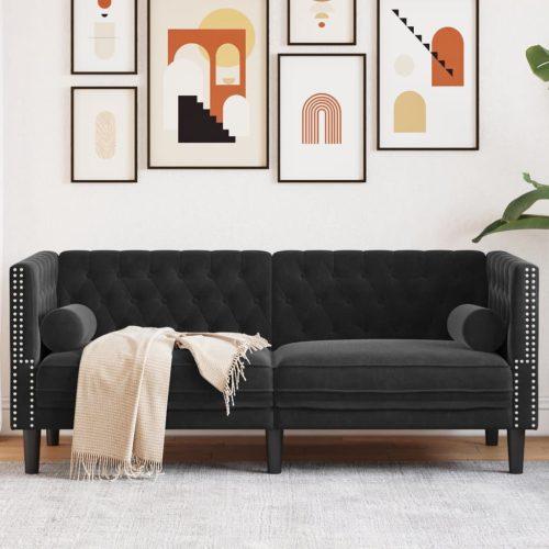 2 személyes fekete bársony chesterfield kanapé hengerpárnákkal