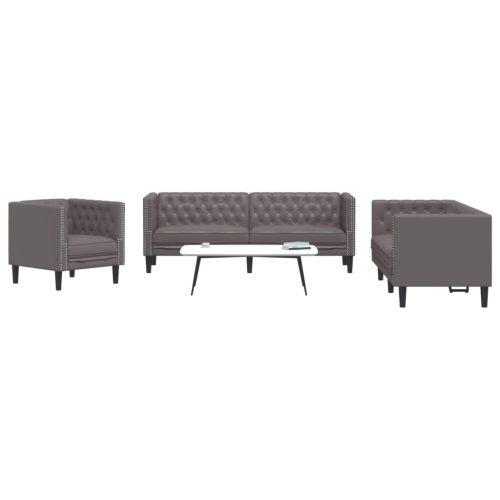 3 részes szürke műbőr chesterfield kanapégarnitúra