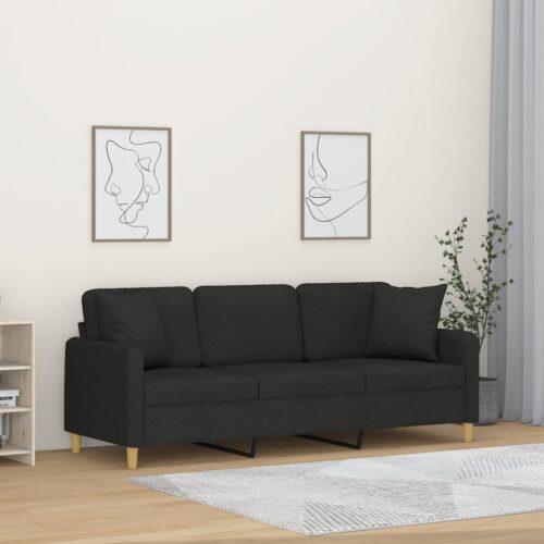 3 személyes fekete szövet kanapé díszpárnákkal 180 cm