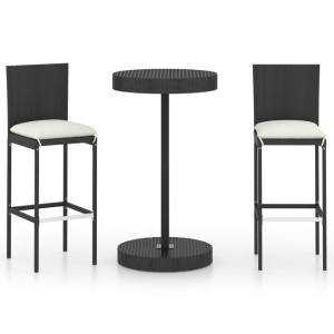 3 részes fekete polyrattan kültéri bárszett párnákkal