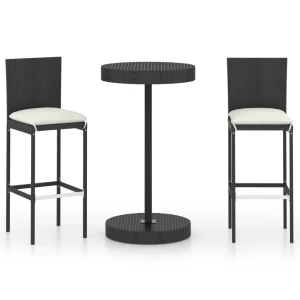 3 részes fekete polyrattan kültéri bárszett párnákkal