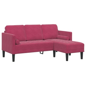 3-fős kanapé l-alakú chaise longue bordeaux piros 160 cm bársonyos
