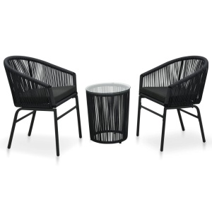 3-részes fekete pvc rattan bisztrószett párnákkal