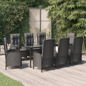 9 részes fekete polyrattan kerti étkezőgarnitúra párnákkal