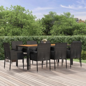 9 részes fekete polyrattan kerti ülőgarnitúra párnákkal