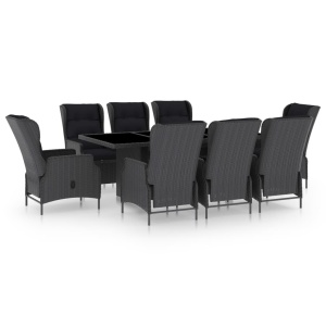 9 részes sötétszürke polyrattan kültéri étkezőszett párnákkal