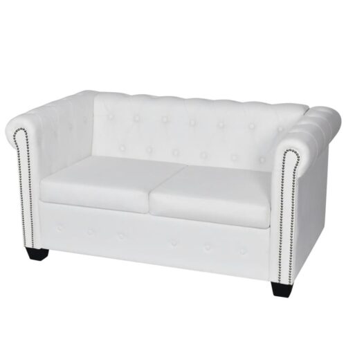 2 személyes fehér műbőr chesterfield kanapé